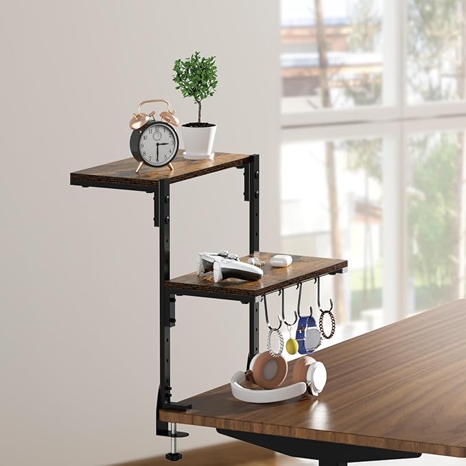 AUATRONNE Clamp-on Desk Shelf, 13 inch Above or Below Desk 2-Tier Shelving, Adjustable Metal Storage Tray for Gaming Devices or Office Desk Accessories and More, Brown, Patent Pending