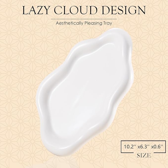 CCINPPY Ceramic Jewelry Tray Trinket Dish, Decorative Cloud Vanity Key Tray for Women, Ring Holder Dish, Cute Jewelry Plate Bowl Room Decor Aesthetic, White, Large