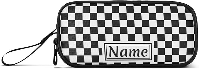 BOENLE Custom Black White Checkered Pattern Pencil Case Box Boys Girls Personalized Name Large Pencil Pouch Stationery Pen Bag Organizer for Kids Adults School