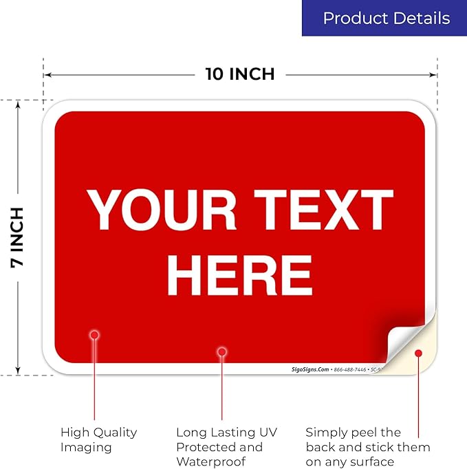 Personalized Custom Red Background Customize for Office, Business, Workplace, Home, Airbnb, Delivery Sign, 10x7 Inches, 4 Mil Vinyl Decal Stickers Weather Resistant, Made in USA by Sigo Signs
