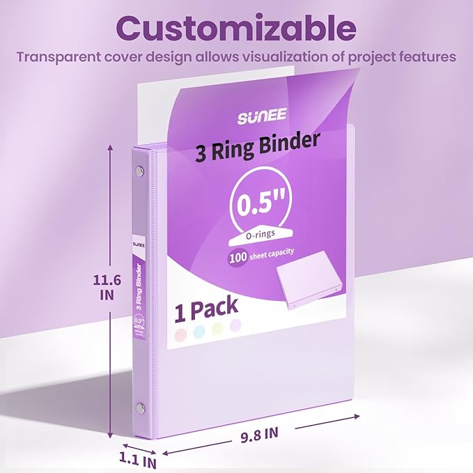 SUNEE 3 Ring Binder 1/2 Inch 1 Pack, Clear View Binder Three Ring PVC-Free (Fit 8.5x11 Inches) for School or Office Supplies, Purple