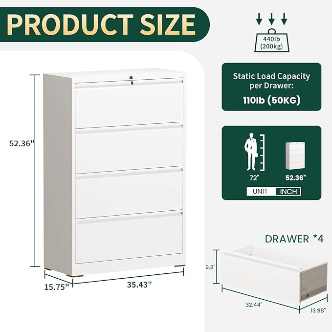 4 Drawer Lateral File Cabinet with Lock, Metal File Cabinets for Home Office, Office Furniture for Organization Hanging Legal/Letter/A4, Metal Filing Cabinet Storage Cabinet, Require Assembly, White