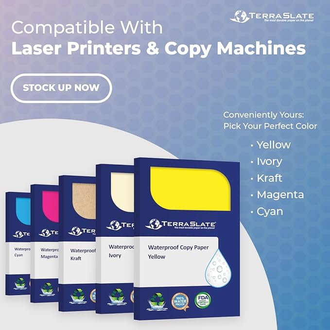 TerraSlate Waterproof Paper, Rip-Proof Colored Paper, Ivory, 25 Sheets, 5 Mil (24lb Bond), 8.5" x 11", Laser Printer and Copy Machine Compatible