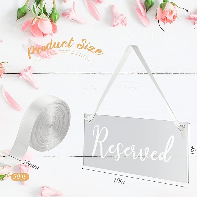Yookeer 6 Pieces Reserved Signs for Wedding Chairs with a Roll of Ribbon Acrylic Reserved Table Signs for Wedding Important Events Church Pews Chair and Restaurant(White)