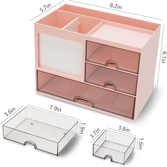 QIYVLOS Multi-Functional Desk Organizer with 3 Drawer and 8 Compartments, Pink