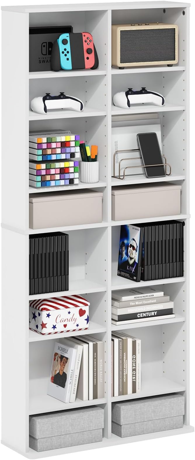 Furinno Jaya DVD Shelf, 16-Shelf Wide CD Rack, Media Shelf with Adjustable Shelves, 8 x 2 DVD Storage Cabinets for CD Blueray Game Disc, Easy Assembly, for Living Room, Home Office, White