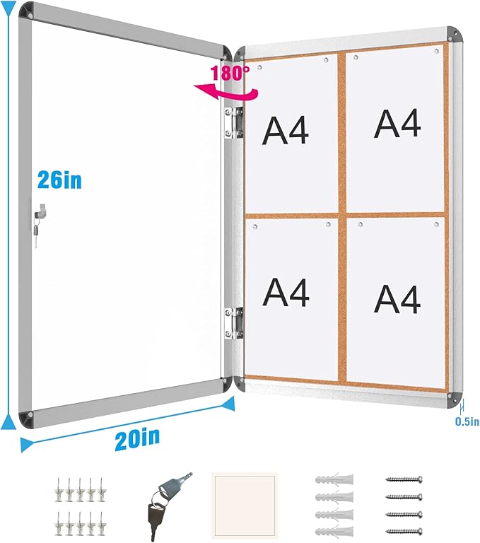 Mifuro 2 Pack 26"x20" Enclosed Bulletin Board, Lockable Weather-Resistant Aluminum Cork Noticeboard for School & Office, Silver Frame w/Cork