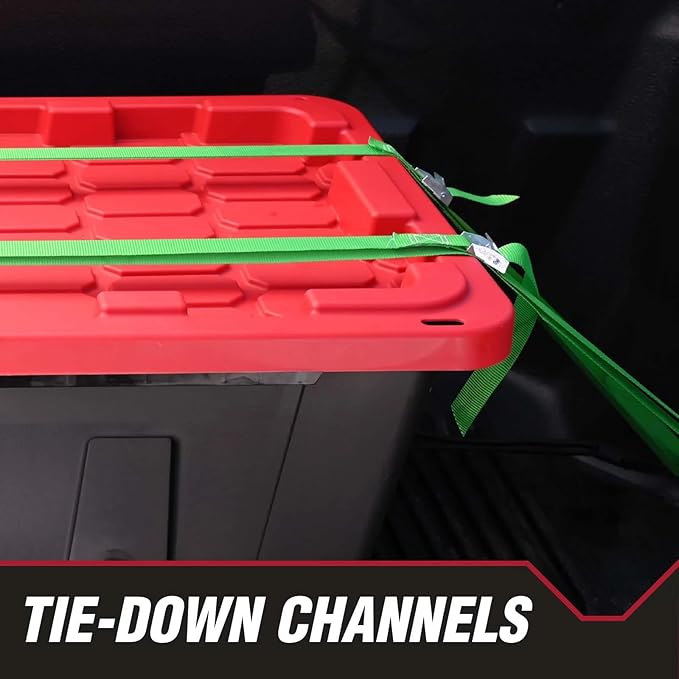 4-Pack Heavy Duty 27 Gallon Plastic Storage Bins with Lids - Stackable Large Storage Totes for Garage, Home Organization & Moving Supplies (Black Bases & Red Lids)