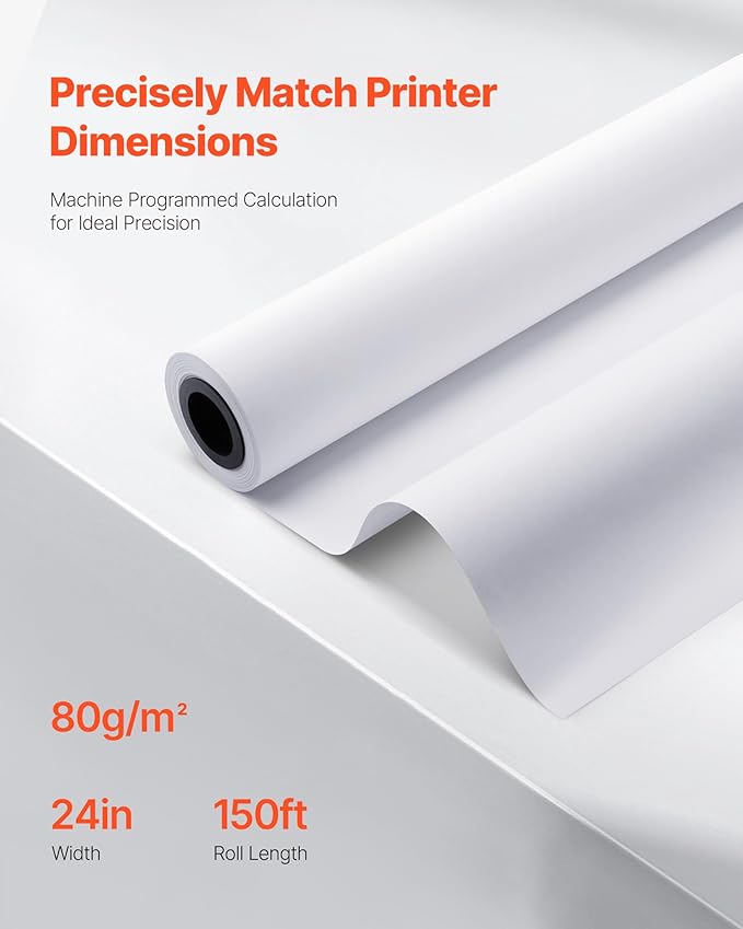 VEVOR Wide Format Paper, 24 in x 150 ft Plotter Roll, 8 Rolls CAD Bond Rolls with 2 in Core, 20 LB Bond Paper Rolls, Ideal for CAD Drawings, Engineering Plans, GIS Maps, and Architectural Designs