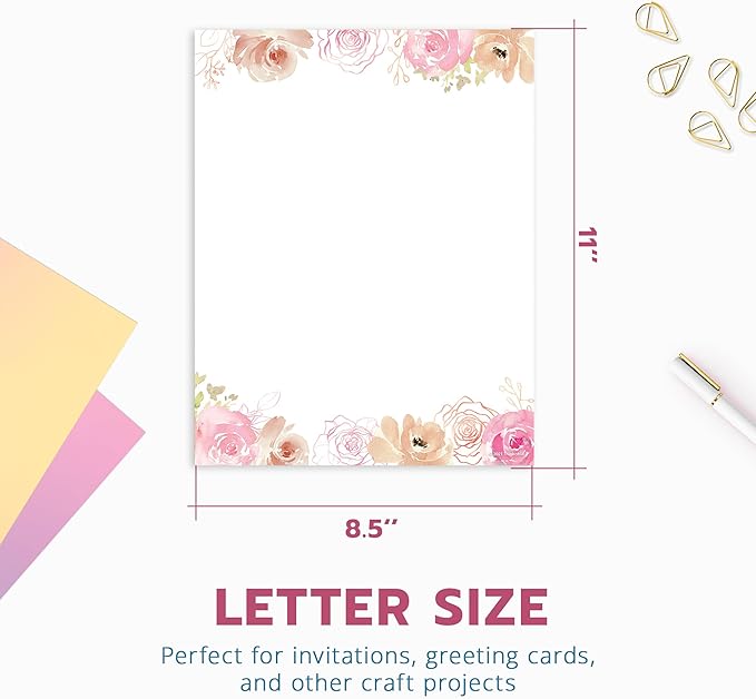 THiNKABLE Floral Stationery Paper, 50 Sheets, 8.5x11, Pink, Decorative, Writing Paper