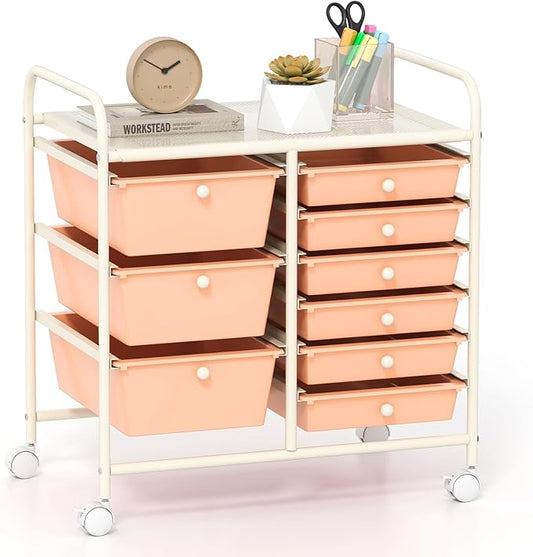 GOFLAME 9-Drawer Rolling Storage Cart, Mobile Utility Cart with Removable Drawers & Metal Frame, Art Craft Organizer Cart with Lockable Wheels, Storage Drawer Cart for Home Office School, Peach Fuzz