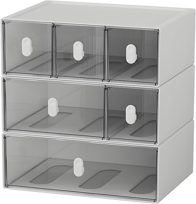 OSteed Desktop Drawers, Desk Organizer with 6 Drawers & Upright Handles, Stackable Craft Storage Box for Home Collection, Cosmetics, Office Supplies (3 Tiers, White & Clear)