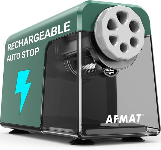 AFMAT 6-Hole Pencil Sharpener for Classroom, Cordless & Rechargeable, Heavy Duty Electric Pencil Sharpener for 6-11mm Colored Pencils, Auto Stop, Super Fast, 10,000+ Sharpenings, Battery Powered, PSD1