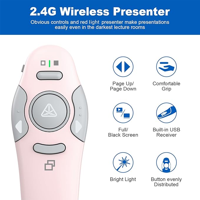 QUI Presentation Clicker Wireless Presenter Remote Clicker for PowerPoint Presentation Remote, PowerPoint Slide Advancer for Mac/Windows/Linux, Google Slide/PPT/Keynote, USB A&C, Pink