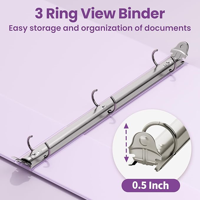 SUNEE 3 Ring Binder 1/2 Inch 1 Pack, Clear View Binder Three Ring PVC-Free (Fit 8.5x11 Inches) for School or Office Supplies, Purple