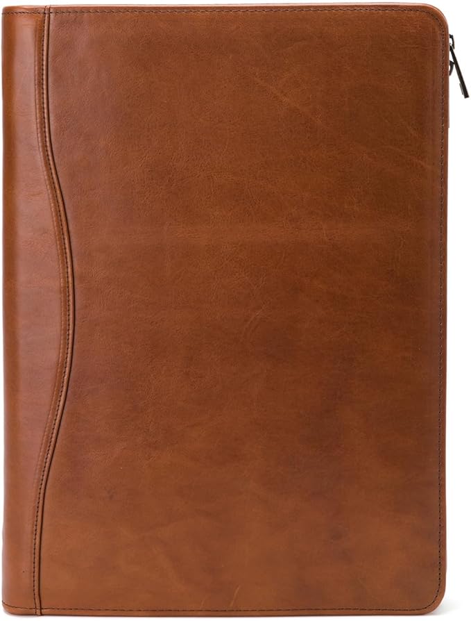 Geslun Genuine Leather Portfolio, Legal Size 8.5 x 14 Pad Holder, Business Padfolio for Men and Women, Zipper 14" Laptop Organizer, Executive Professional Work Travel Notepad Folio, Brown, Oil Tanned