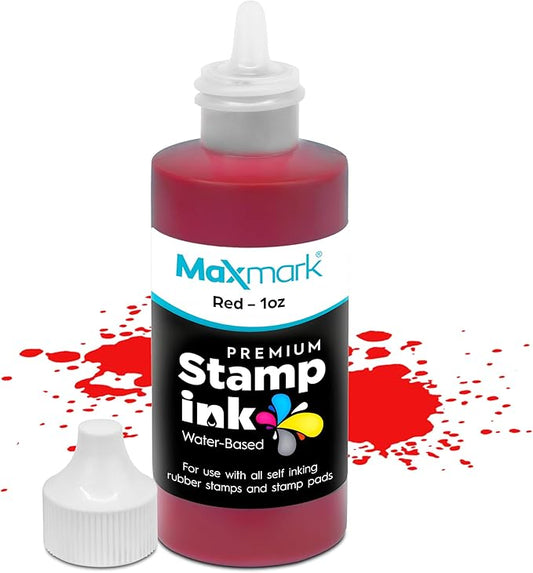 MaxMark Premium Refill Ink with Control Tip Bottle for Self-Inking Stamps, Red Color - 1 oz.
