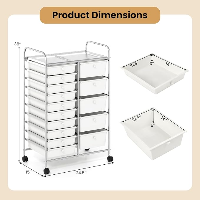 Giantex 15 Drawer Rolling Cart with Drawers, Storage Organizer Cart for Classroom Office School Teacher, Mobile Drawer Cart for Tools, Crafts, Small Printer, Ivory