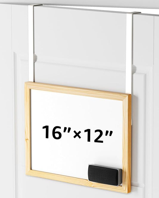 Over The Door Whiteboard, 16"x12" Wooden Dry Erase Board with 2 Hanging Rods, Small White Board for Door, Cubicle Whiteboard for Home, Office, Dorm, No Drills