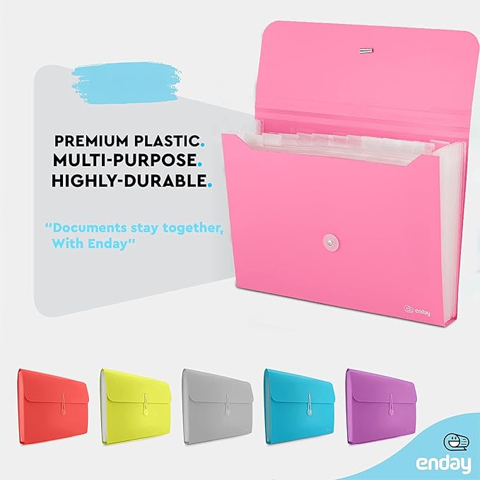 Accordion File Organizer, 13 Pocket Expanding File & Cover Folder with Labels, Plastic Portable Desktop Supplies Letter A4 Paper in Purple, Pink, Red, Multicolor, (3 Pack) – by Enday