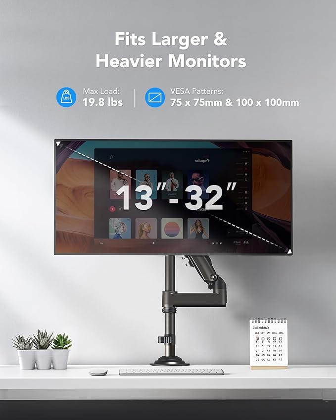 HUANUO Single Monitor Arm for 13-32 inch Screens,Holds 19.8lb,Adjustable Monitor Stand with Clamp and Grommet Base,Vesa 75x75mm/100x100mm Compatibility (Black)