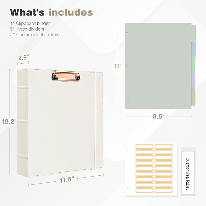 Ospelelf 3 Ring Binders with Clipboard 2 Inch, Leather Clipboard Binder Organizer with Dividers and Tabs, Business Binder for Teacher, Work, Beige