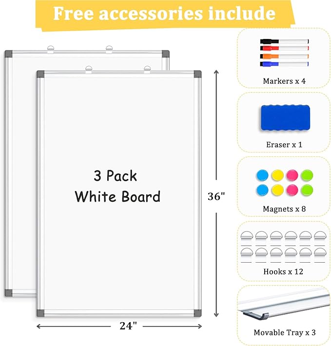 AMUSIGHT 3 Pack Double-Sided Magnetic Whiteboard, 36" x 24" Dry Erase Board, Aluminum Frame White Board for Wall, Hanging Mounting White Board Dry Erase Marker Board for Office, School, Home