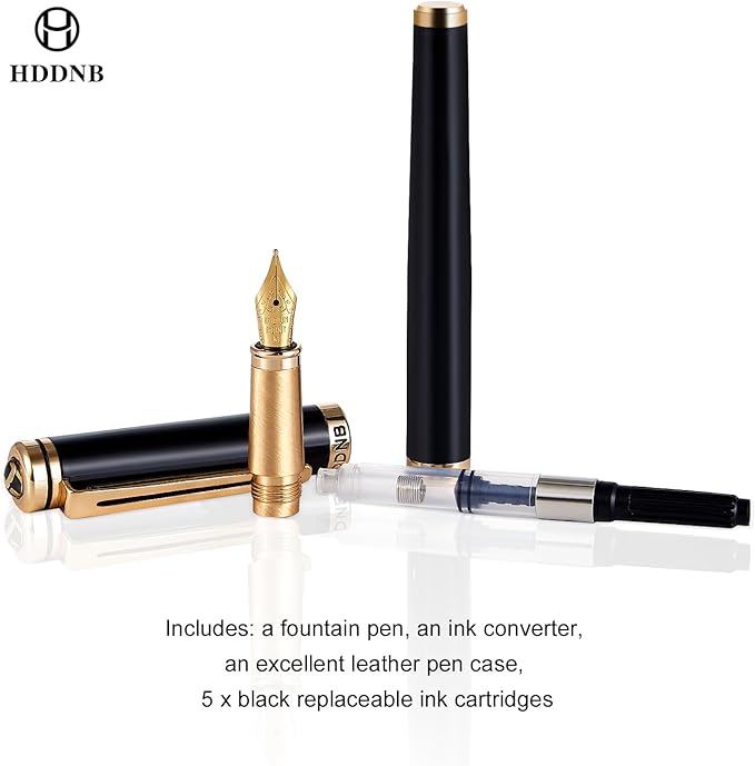HDDNB Black Luxury Fountain Pen Set for Men and Women with Gift Box, 24K Gold Finish and Gilded Nib(Medium) with 5 Black Ink Cartridges and Converter
