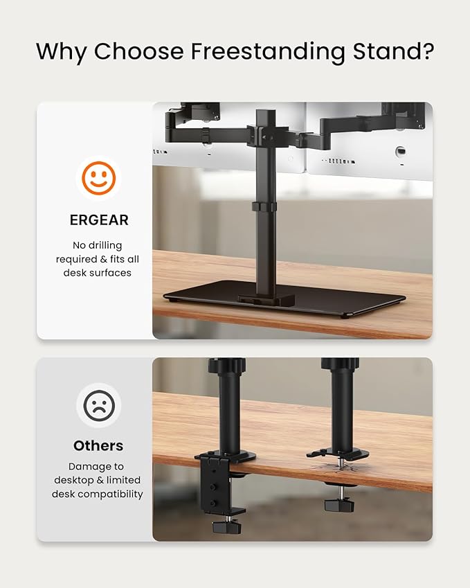 ErGear Freestanding Dual Monitor Stand for 17 to 32 Inch Screens, Computer Monitor Mount for 2 Screens, Dual Monitor Arm with Tempered Glass Base, VESA Mount Desk Stand Holds 22 lbs per Arm