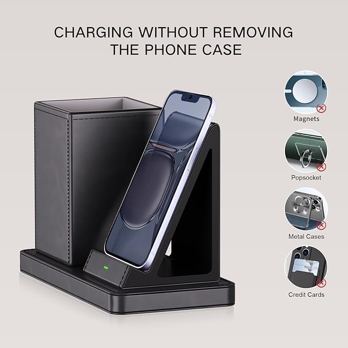 LADSTAG Multi-Functional Pencil Holder for Desk,Gray Vegan Leather Organizers with Remote Control Holder,Pencil Holder,Desk Organizer with Phone Wireless Charger for Office/Nightstand/Endtable