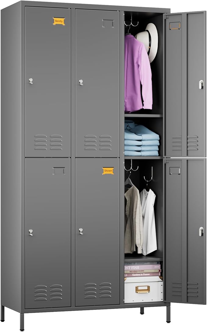 SUPEER 6 Doors Metal Lockers for Employees with 18 Hooks, Metal Employes Lockers with Ventilation Holes for School Garage Office Gym Home,Assembly Required,Dark Grey