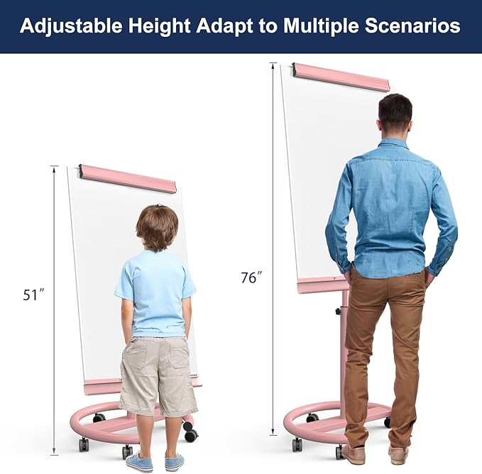 TSJ OFFICE Rolling Whiteboard Standing - 40 x 26 Inches Magnetic Mobile White Board with Stand, Height Adjustable Dry Erase Board on Wheels with Paper Clamp on Top, Pink