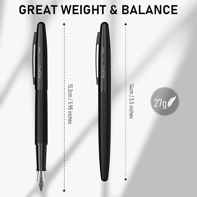Nicpro Fountain Pen Set with Box, Classic Black Fancy Pen with Converter, 0.5mm Fine Nib Smooth Writing Calligraphy, Luxury Gift Pen