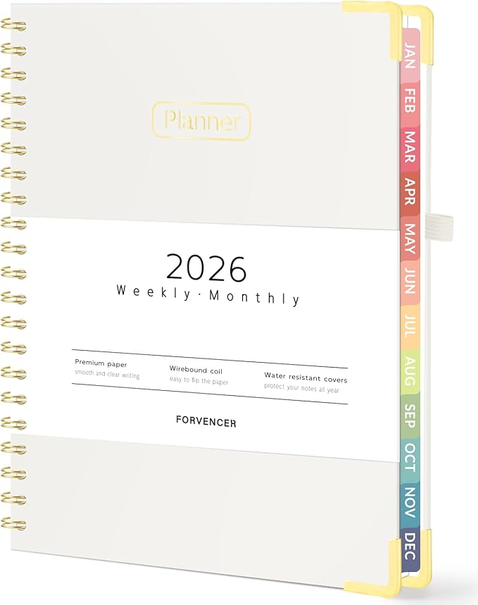 Forvencer 2026 Planner, Hardcover Calendar Planner Weekly and Monthly, Jan 2026 - Dec 2026, 8.5" x 11", Spiral Agenda Book with Tabs, Exquisite Daily Journal Organizer for Home School, Beige
