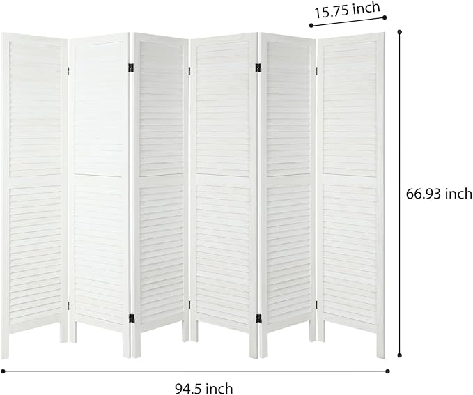 6 Panel Room Dividers and Folding Privacy Screens, Divider for Room Separation, Wood Louvered Divider Wall, Wooden Partition for Home Office Bedroom (White-Washed)