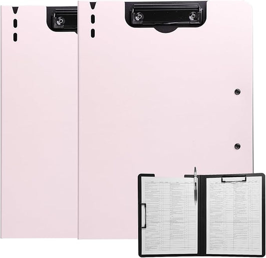 FRETONBA Clipboard Folder, 2 Pcs A4 Foldable Clipboard with Horizontal and Vertical Double Metal Clips, 360 Degree Foldable Binder Clipboards with Pen Holder, File Cover Work Folder Clipboards, Pink