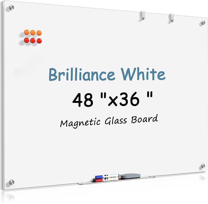 MaxGear Glass Whiteboard Tempered Magnetic Dry Erase Board 48 x 36 Inch Ultra White, Frameless Wall Mounted, Office Classroom Conference Room Home Use, Includes Markers, Eraser, Magnets & Mounting Kit