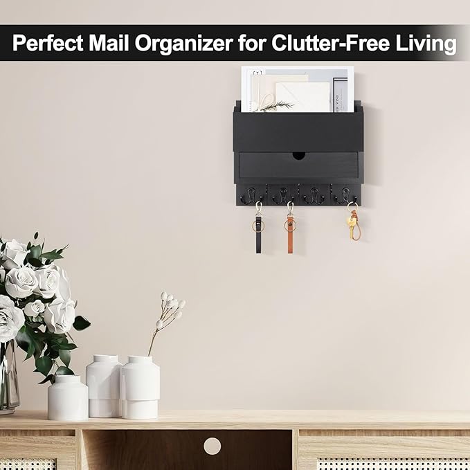 Lucundm Mail and Key Holder Wall Mount with Storage Drawer – Modern Wooden Mail Organizer for Wall Entryway, 7 Key Hooks & Chalkboard Panel – Stylish Home Decor for Apartments, Living Room, Office