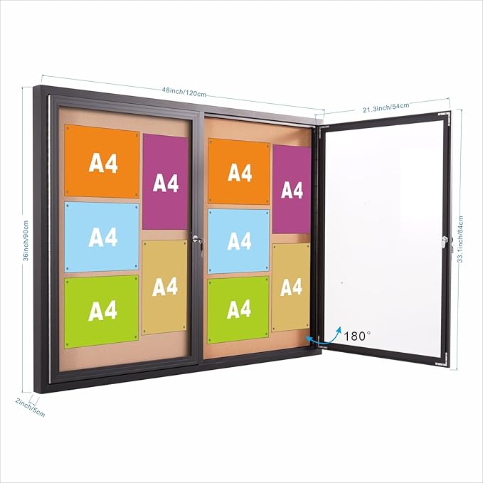 48x36 Inch Lockable Enclosed Bulletin Board, Weather-Resistant Outdoor Noticeboard with 2 Locking Doors, Wall-Mounted Black Aluminum Frame & Cork Presentation Board