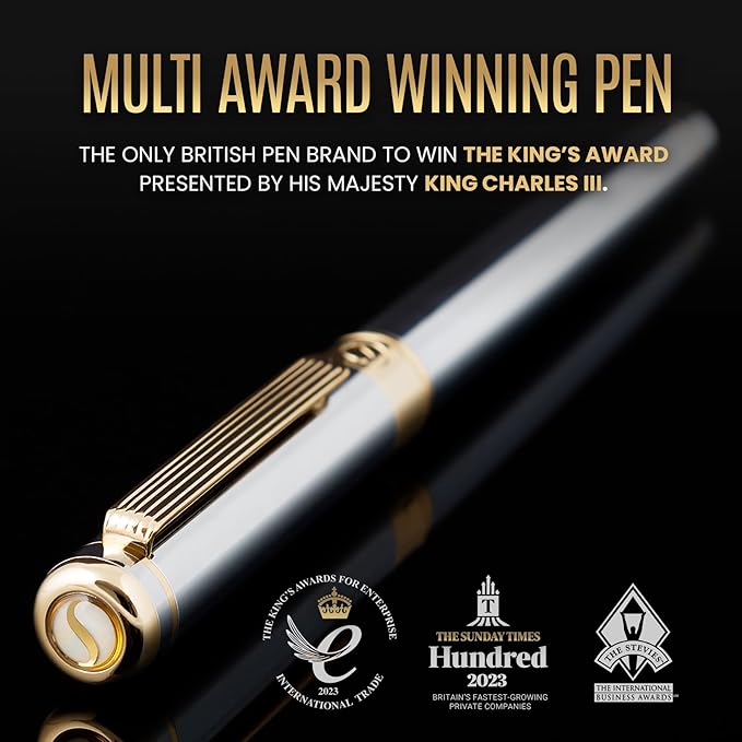 Scriveiner Silver Chrome Fountain Pen - Stunning Luxury Pen, Real Gold Finish, Schmidt Gilded Nib (Extra Fine), Best Gift Set for Men & Women Professional Executive Office Nice Designer Pen