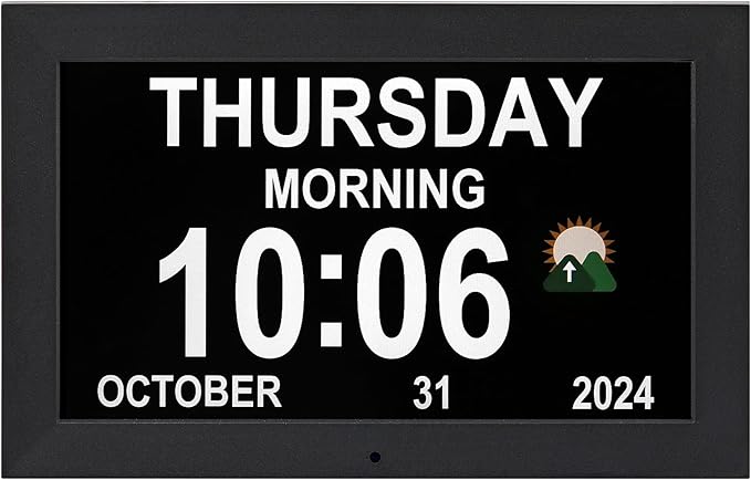 Memwake Digital Alarm Clock, Multiple Alarm Functions, Clock with Date and Week, Digital Alarm and Electronic Calendar for Seniors (White, 7 inch) (10-inch Black)