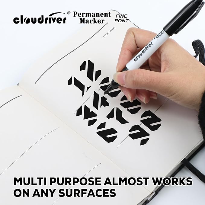 cloudriver Black Permanent Markers Fine Tip, 60 Packs Permanent Markers Bulk, Quick Drying & Fade Resistant, Permanent Marker Set Works on Plastic,Wood,Stone,Metal and Glass for Doodling, Marking