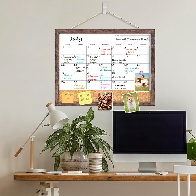Calendar Whiteboard for Wall, 18x24 Inches White Board Calendar Dry Erase, Magnetic White Board with Wood Frame, Hanging Dry Erase Board for Kitchen Home Office School Planner