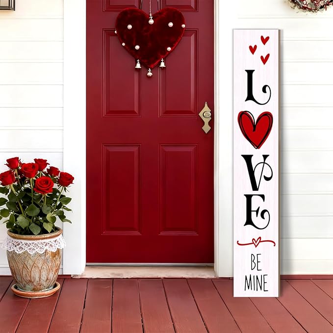Valentine’s Day Porch Sign 47.2" Wooden “Love Be Mine” Hanging Signs, Romantic Heart Decor for Front Door, Porch, or Indoor Outdoor Valentine Party Decorations