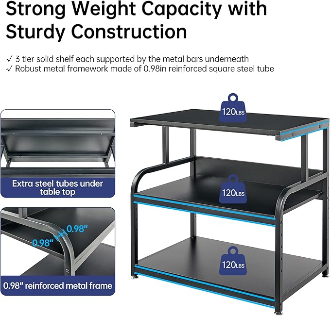 Fannova 32.3" x 18.9" Extra Large Printer Stand Table with Adjustable Storage Shelf, 3 Tier Rolling Printer Cart with Industrial Wheels for Home Office, Black