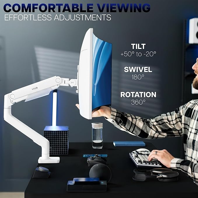 VIVO Heavy Duty Aluminum Ultrawide Monitor Tension Arm for up to 49 inch Screens, Holds 44 lbs, Premium Desk Mount Stand Designed for Samsung Odyssey G9 and More, White, STAND-V101VW
