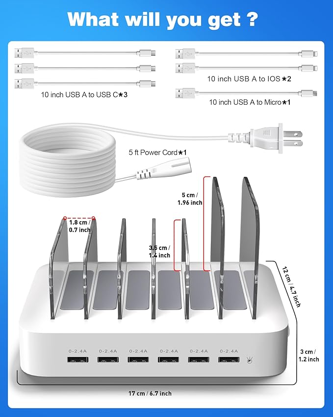 MSTJRY Charging Station for Multiple Devices : 6 Port USB Charger Stations - Family Multi-Device Organizer Charging Dock - Designed for iPhone iPad Android Cell Phone Tablet and Electronic, White
