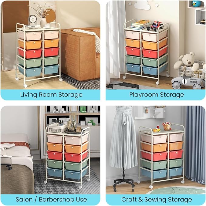 LDAILY 10 Drawer Rolling Cart, Storage Cart Organizer on Wheels, Drawer Cart with Metal Frame & Large Storage Capacity, Rolling Cart with Drawers for Living Room Classroom, Office