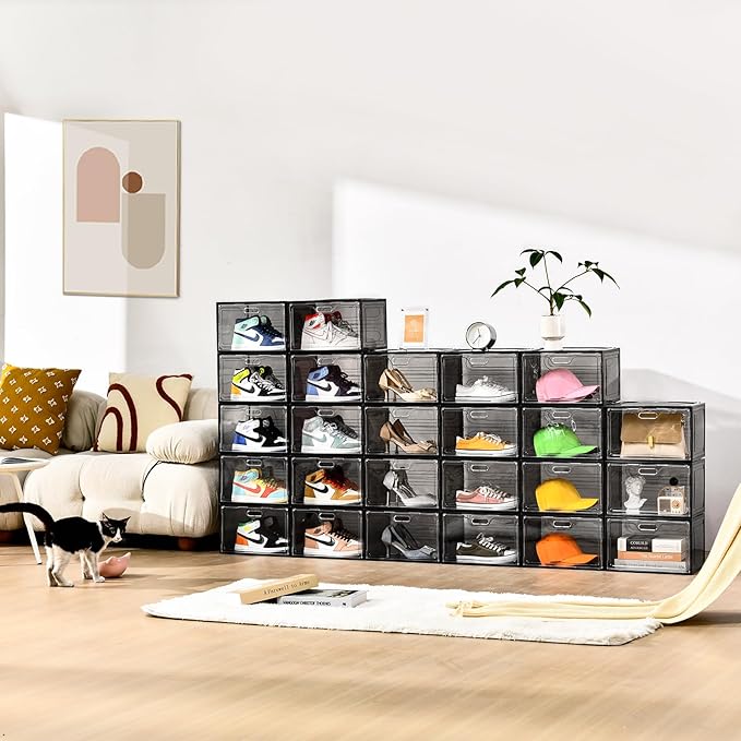 Amllas New Gray 8 Pack Shoe Boxes Stackable, Large Shoe Storage Organizer with Lids,Drop Side Shoe Containers for Entryway,Sneaker Storage Fit up to US Size 13 for Men/Women(13’’x 10.6”x 8.3”)
