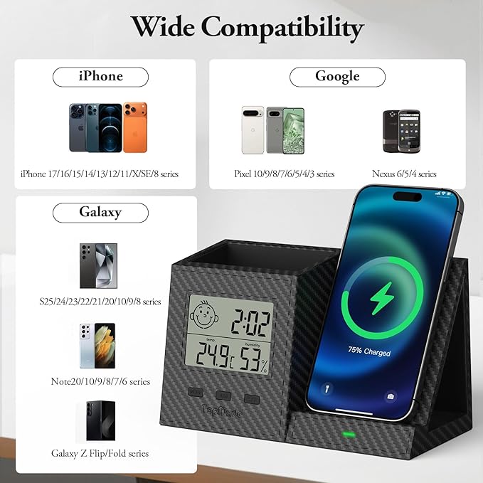 TopMade Wireless Charger with Pen Remote Holder, Multi-Functional Leather Nightstand Organizer Fast Charging Station, Digital Thermometer and Humidity Gauge, Desktop Storage (Black Carbon Fiber